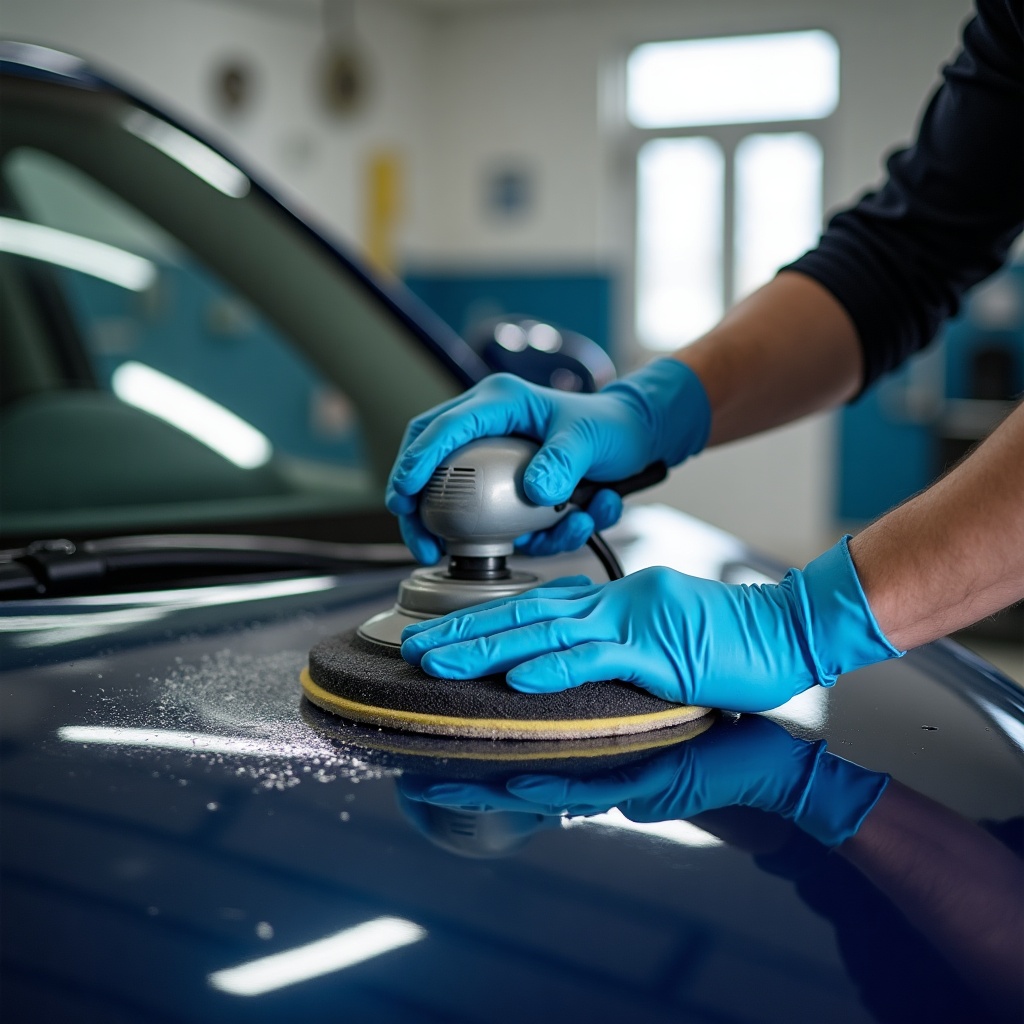 Detailer polishing a car with Care Pro products